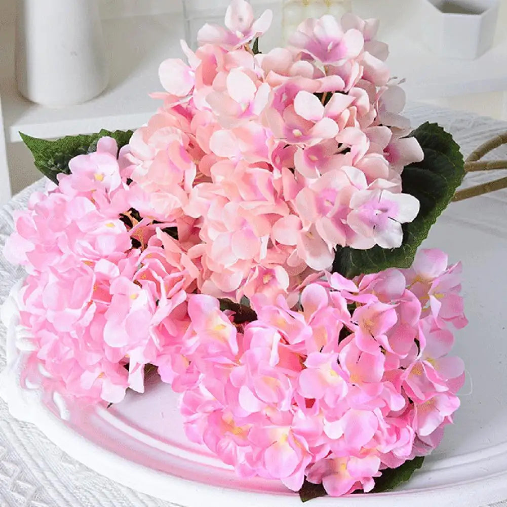 Artificial Hydrangea with Green Leaves Stem Realistic Flower Wedding Home Office Table Centerpiece Faux Floral Branch