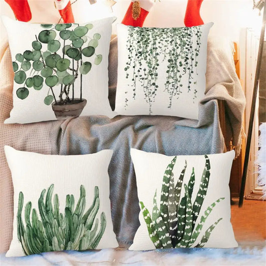 Green Plants Pillow Case Modern Sofa Bedroom Decoration Reusable Hand-painted Watercolor Greenery Square Throw Pillow - Taci Dekor